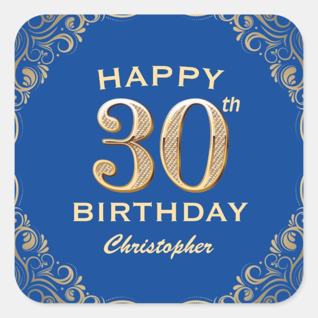 Pegatina Cuadrada 30.º marco Purpurina azul y dorado Fiesta de cumpl (Anverso)