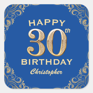 Pegatina Cuadrada 30.º marco Purpurina azul y dorado Fiesta de cumpl