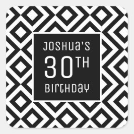 Pegatina Cuadrada 30.º nombre de cumpleaños geométrico blanco negro 
