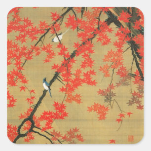 Pegatina Cuadrada 30. 紅 葉 小 禽 図, 若 Maple y Aves Pequeñas, Jakuchū