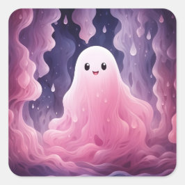 Pegatina Cuadrada 31 de octubre Fantasma Rosa de la Cuta de Hallowee