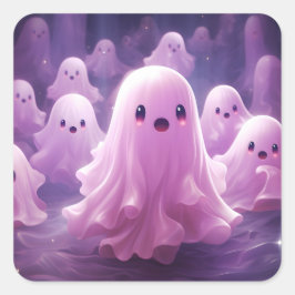 Pegatina Cuadrada 31 de octubre Feliz Halloween Fantasmas rosas