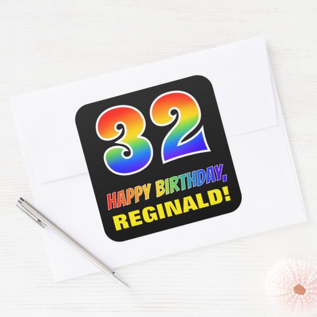 Pegatina Cuadrada 32º cumpleaños: audaz, divertido, simple, arcoiris (Sobre)