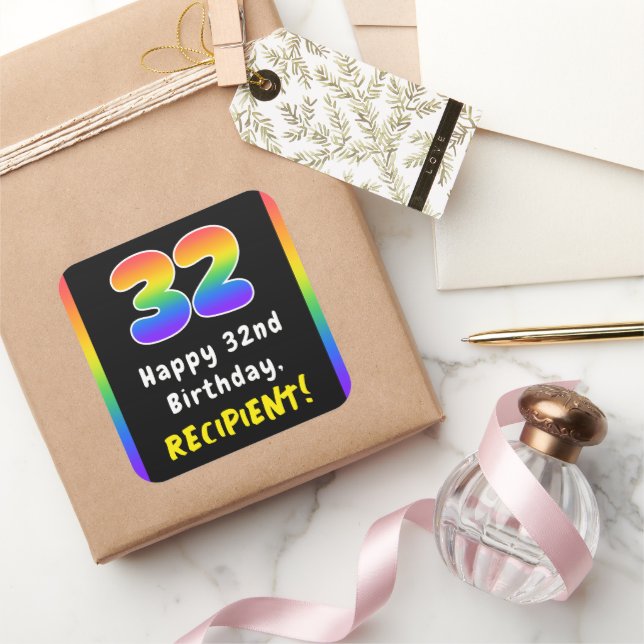 Pegatina Cuadrada 32.º cumpleaños: Espectro arcoiris # 32, nombre pe (Regalar)