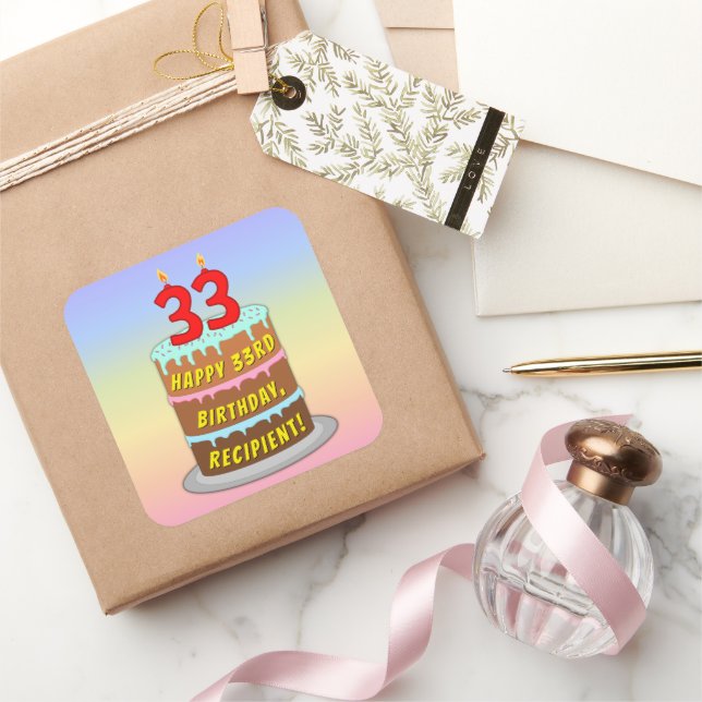 Pegatina Cuadrada 33rd Birthday: Fun Cake and Candles + Custom Name (Regalar)