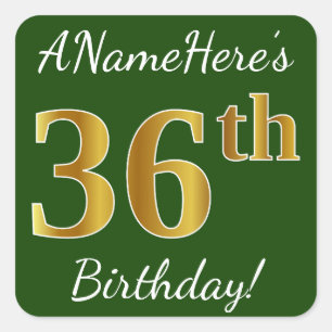Pegatina Cuadrada 36.o cumpleaños del oro verde, falso + Nombre de