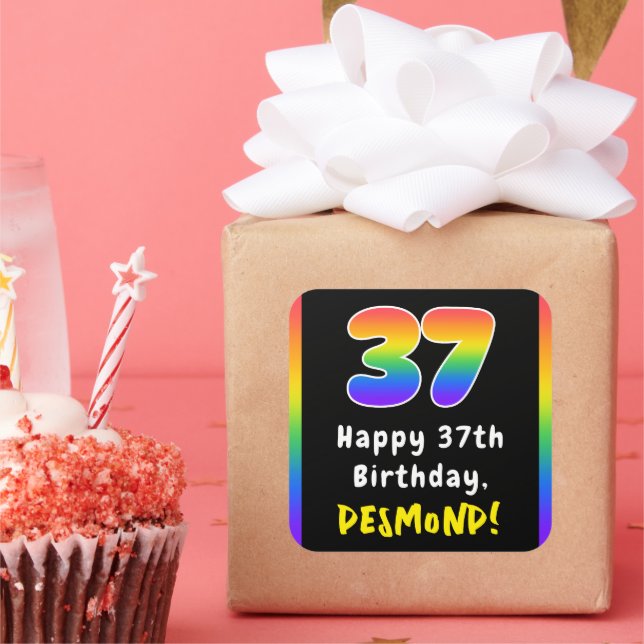 Pegatina Cuadrada 37º cumpleaños: Espectro arcoiris # 37, nombre per (Fiesta)