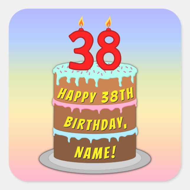 Pegatina Cuadrada 38th Birthday: Fun Cake and Candles + Custom Name (Anverso)