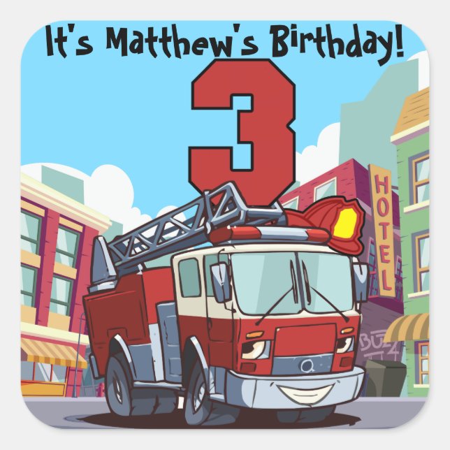 Pegatina Cuadrada 3.ᵉʳ Camión de bomberos de cumpleaños (Anverso)