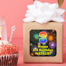 Pegatina Cuadrada 3.ᵉʳ cumpleaños: Mirando los fuegos artificiales d