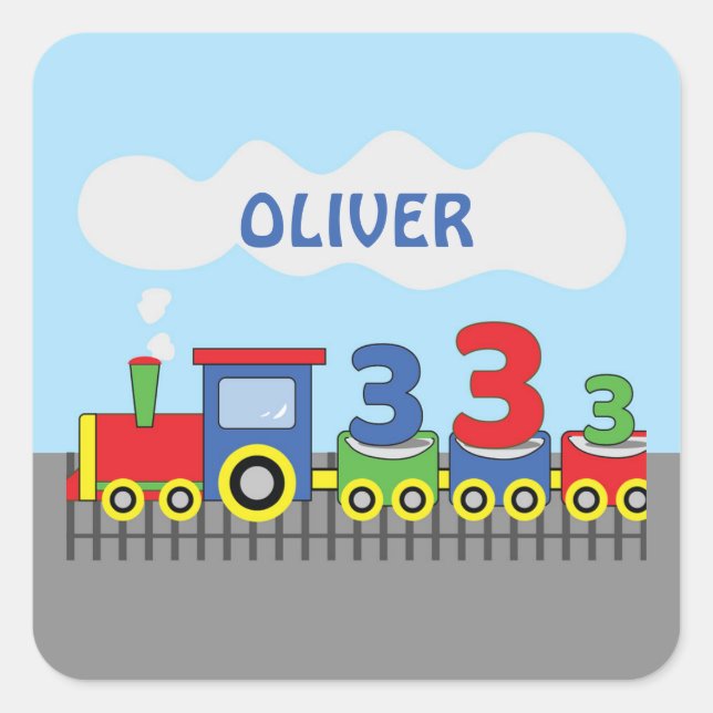 Pegatina Cuadrada 3.ᵉʳ nombre de personalización del tren de cumplea (Anverso)