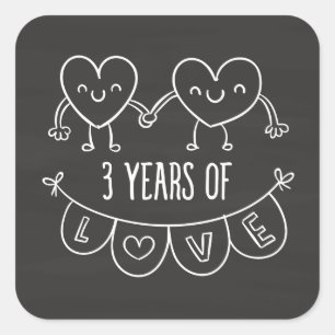 Pegatina Cuadrada 3.ᵉʳ regalo de aniversario de los corazones de la 