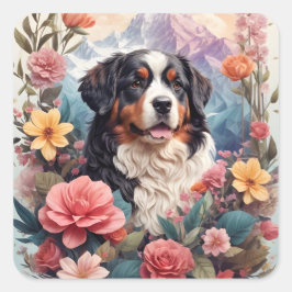 Pegatina Cuadrada 3.D Fantasía Floral Bernese Mountain Pájaros de ca