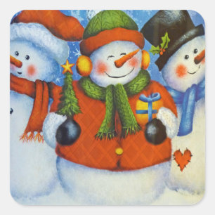 Pegatina Cuadrada 3 Hombres felices de nieve