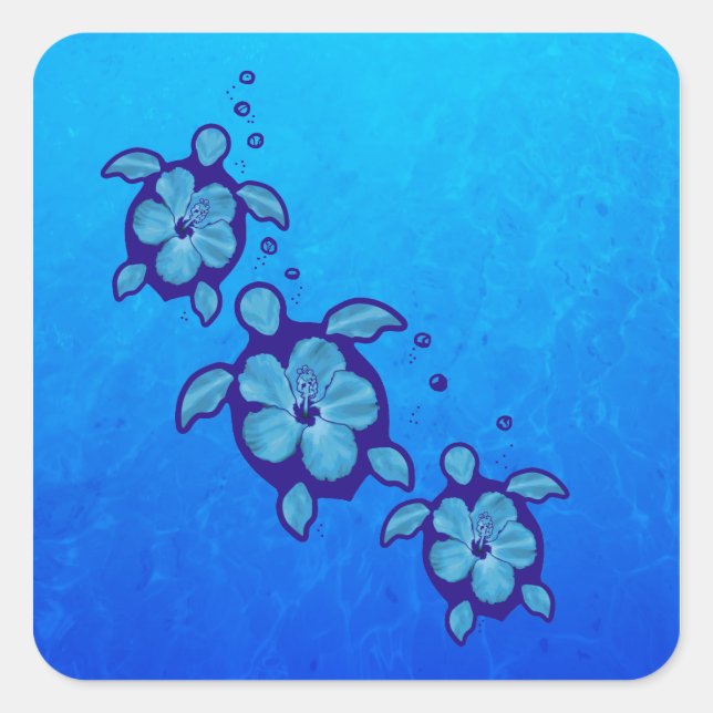 Pegatina Cuadrada 3 tortugas Blue Honu (Anverso)