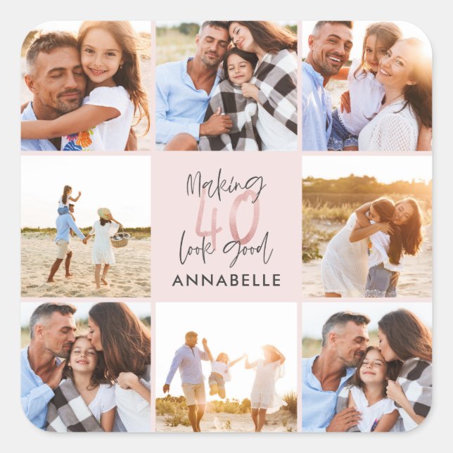 Pegatina Cuadrada 40.º collage de fotos de purpurinas de niñas rosad (Anverso)