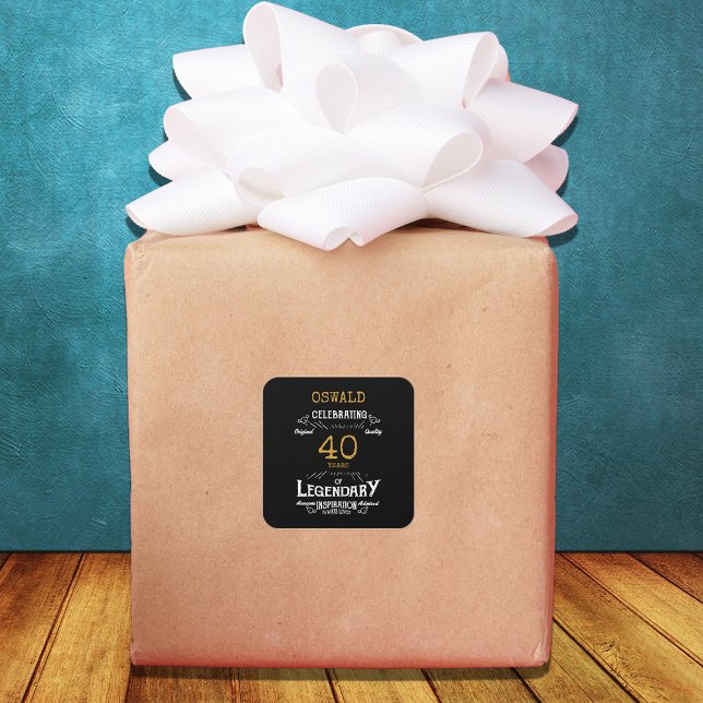 Pegatina Cuadrada 40.º cumpleaños Black Gold Legendario Retro (40th Birthday Black Gold Legendary Retro Square Sticker.
)