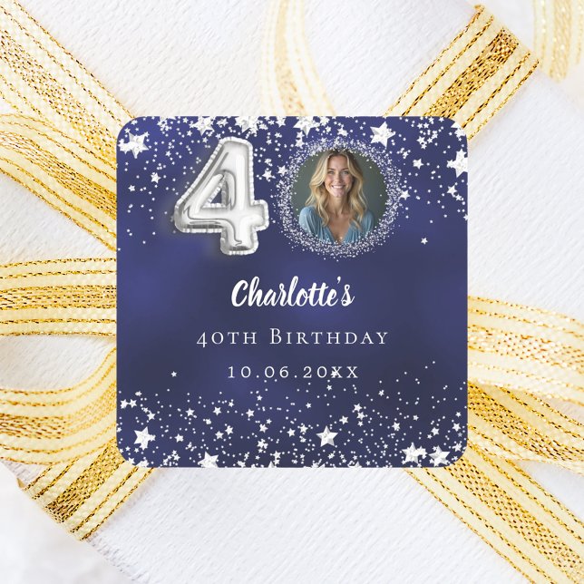 Pegatina Cuadrada 40.º cumpleaños estrellas de plata azul marino (Subido por el creador)