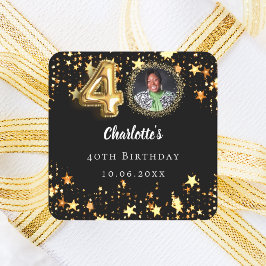 Pegatina Cuadrada 40.º cumpleaños foto de estrellas de oro negro