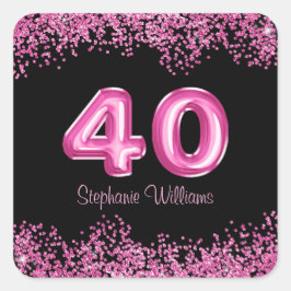 Pegatina Cuadrada 40.º cumpleaños: Globos negros y rosados | Purpuri