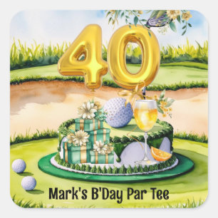 Pegatina Cuadrada 40 Aniversario del Golf con Pastel en Campo para G