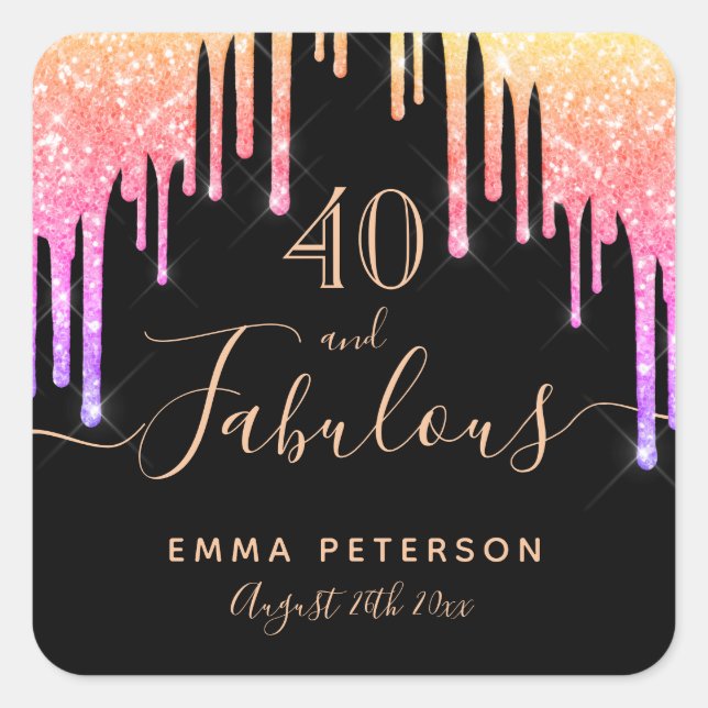 Pegatina Cuadrada 40 fabulosos cumpleaños purpurina arcoiris negro c (Anverso)