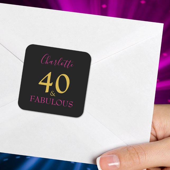 Pegatina Cuadrada 40 y fabuloso cumpleaños 40 personalizado (40 and fabulous elegant pink black and gold 40th birthday party custom sticker)