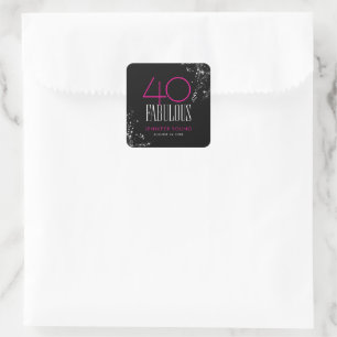 Pegatina Cuadrada 40 y fabuloso Cumpleaños Brillo Glam Negro Rosa