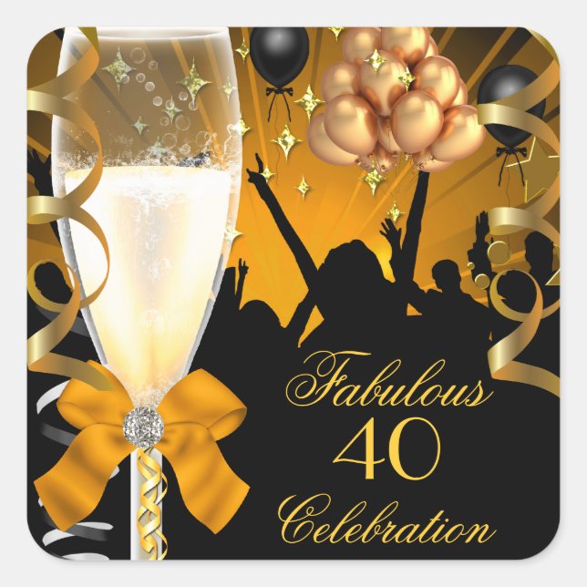 Pegatina Cuadrada 40 y fabuloso oro negro cumpleaños Champagne (Anverso)