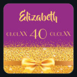 Pegatina Cuadrada 40th birthday purple gold classic elegant name<br><div class="desc">Elegant,  classic,  glamorous and feminine.  A gold colored bow with golden glitter and sparkle,  a bit of bling and luxury for a 40th birthday party.  Purple,  violet background. Templates for name,  age 40,  date of birth and date of the anniversary or party.</div>