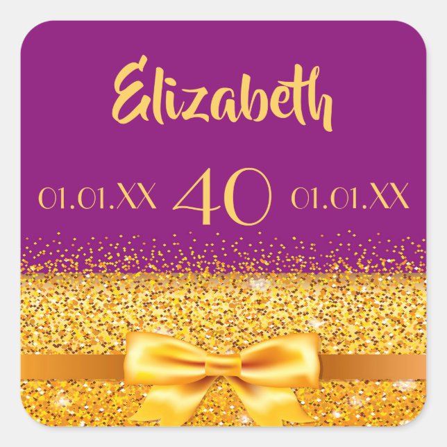 Pegatina Cuadrada 40th birthday purple gold classic elegant name (Anverso)