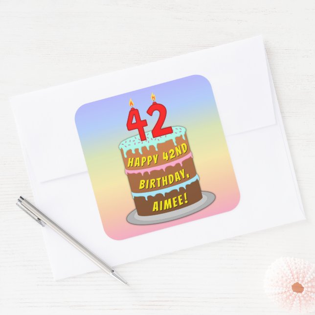 Pegatina Cuadrada 42nd Birthday: Fun Cake and Candles + Custom Name (Sobre)