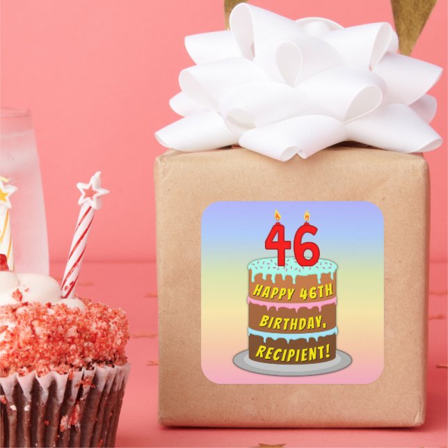 Pegatina Cuadrada 46th Birthday: Fun Cake and Candles + Custom Name (Fiesta)