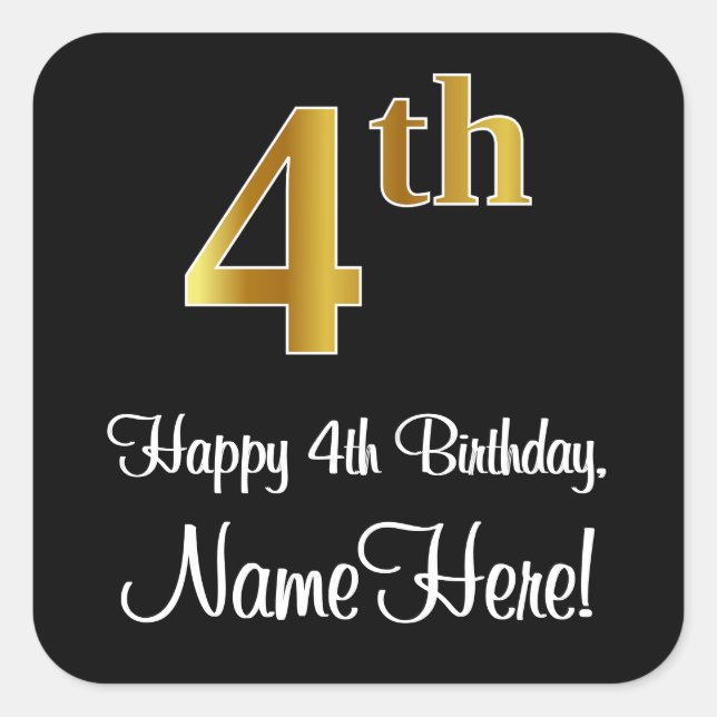 Pegatina Cuadrada 4.º Cumpleaños - Elegante Lujoso Faux Gold Look # (Anverso)