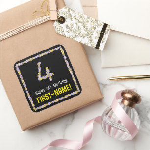 Pegatina Cuadrada 4.º cumpleaños: Flores florales, nombre personaliz