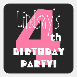 Pegatina Cuadrada 4.º Nacimiento Nombre personalizado rosa y negro