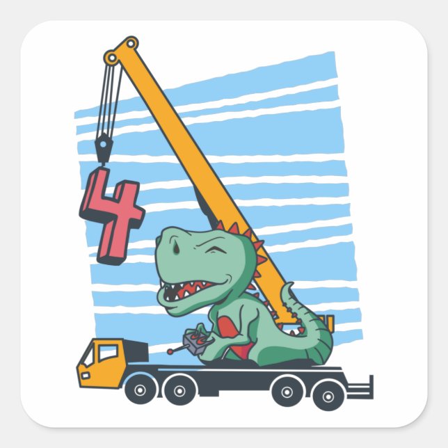 Pegatina Cuadrada 4 años 4º cumpleaños Crane Dinosaur (Anverso)
