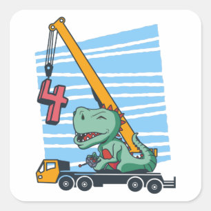 Pegatina Cuadrada 4 años Cumpleaños número 4 Grúa móvil Dinosaurio