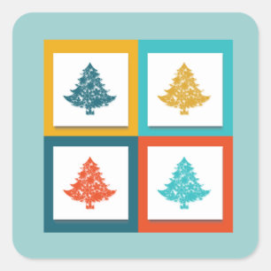 Pegatina Cuadrada 4 árboles de Navidad diseño retro