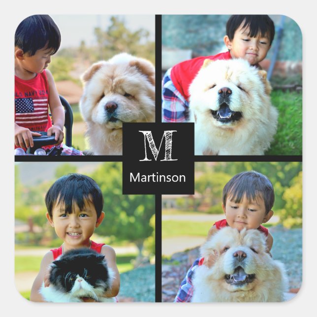 Pegatina Cuadrada 4 Collage personalizado fotográfico con monograma (Anverso)