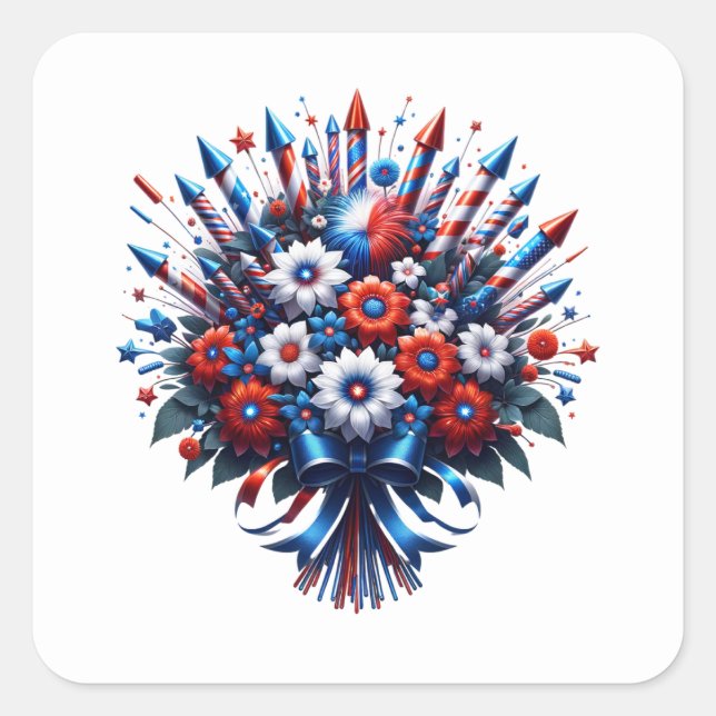 Pegatina Cuadrada 4 de julio Día de la Independencia Bouquet (Anverso)
