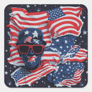 Pegatina Cuadrada 4 De Julio Día De La Independencia Hombre de la ba