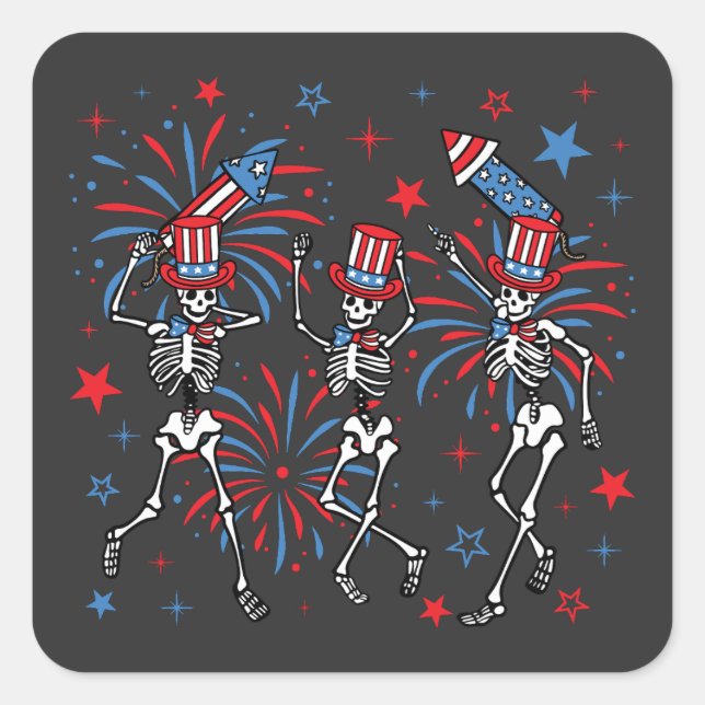 Pegatina Cuadrada 4 De Julio Esqueletos De Baile (Anverso)