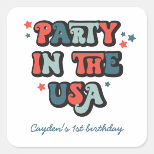 Pegatina Cuadrada 4 de julio Fiesta de cumpleaños en USA Invitación 