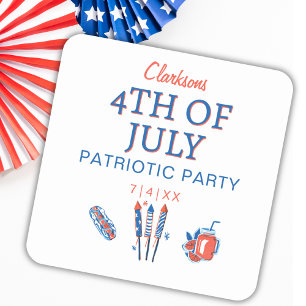 Pegatina Cuadrada 4 de julio Fuego Patriótico Fiesta Celebración