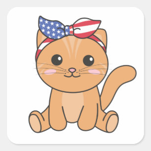Pegatina Cuadrada 4 De Julio Gato Estadounidense Para Niños Cute Gat