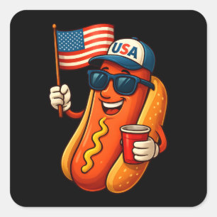 Pegatina Cuadrada 4 de julio Hotdog Funny Bandera Patriótica de EEUU
