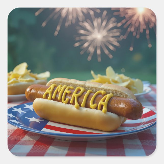 Pegatina Cuadrada 4th of July Hot Dog and Fireworks (Anverso)
