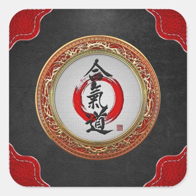 Pegatina Cuadrada [500] Caligrafía japonesa - Aikido (Anverso)