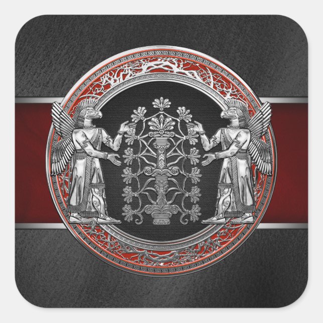 Pegatina Cuadrada [500] Dos Ninurtas plateadas con árbol de la vida (Anverso)